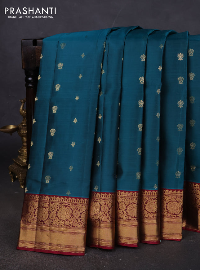 Pure soft silk saree peacock green and maroon with zari woven buttas and zari woven border