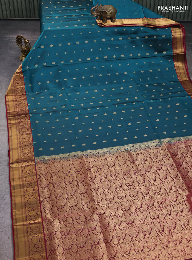 Pure soft silk saree peacock green and maroon with zari woven buttas and zari woven border