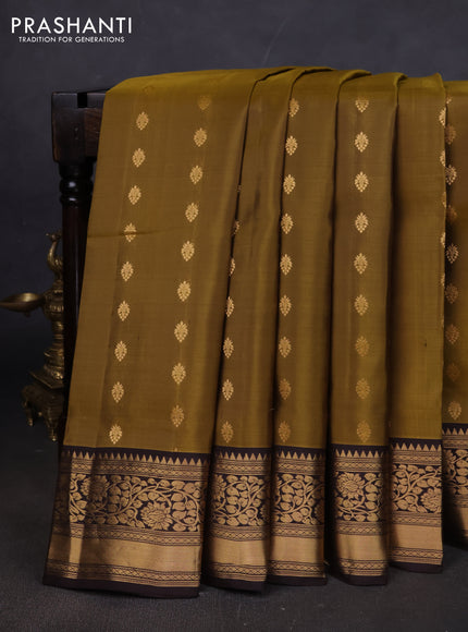 Pure soft silk saree mehendi green and coffee brown with zari woven buttas and zari woven border