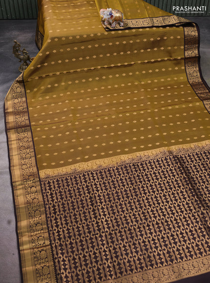 Pure soft silk saree mehendi green and coffee brown with zari woven buttas and zari woven border