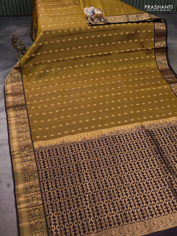 Pure soft silk saree mehendi green and coffee brown with zari woven buttas and zari woven border