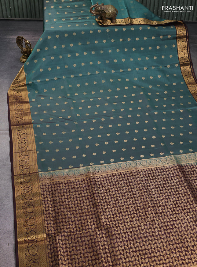 Pure soft silk saree pastel green and coffee brown with zari woven buttas and zari woven border