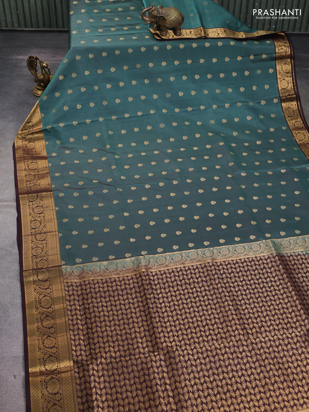 Pure soft silk saree pastel green and coffee brown with zari woven buttas and zari woven border