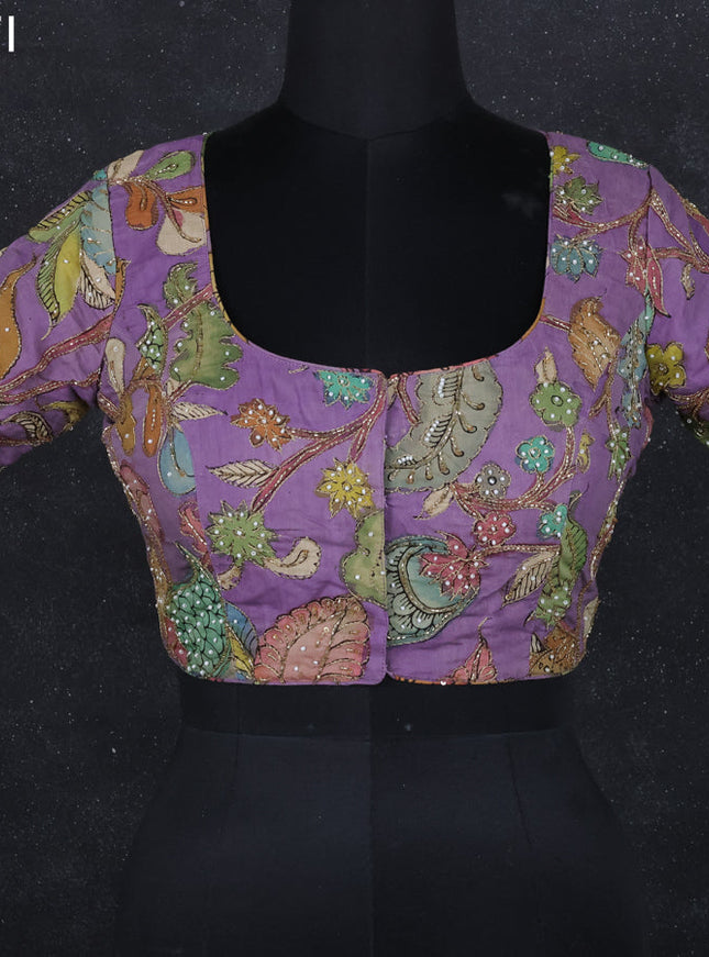 Pen kalamkari readymade blouse lavender with allover kalamkari prints & embroidery work