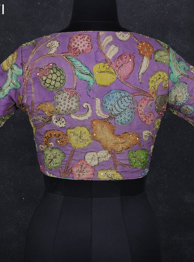 Pen kalamkari readymade blouse lavender with allover kalamkari prints & embroidery work
