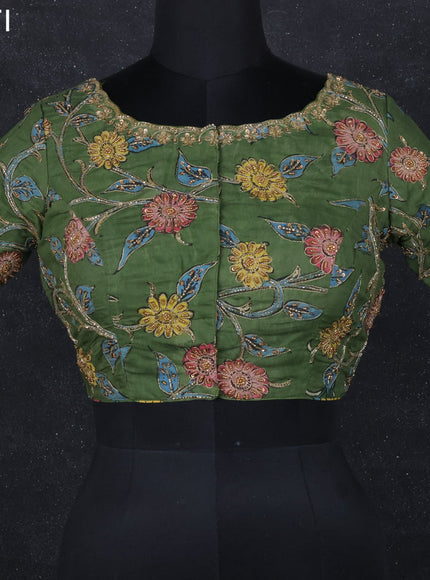 Pen kalamkari readymade blouse sap green with allover kalamkari prints & embroidery work