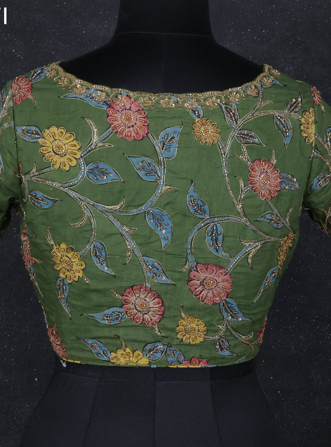 Pen kalamkari readymade blouse sap green with allover kalamkari prints & embroidery work