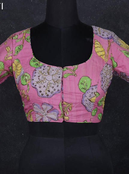 Pen kalamkari readymade blouse lotus pink with allover kalamkari prints & embroidery work