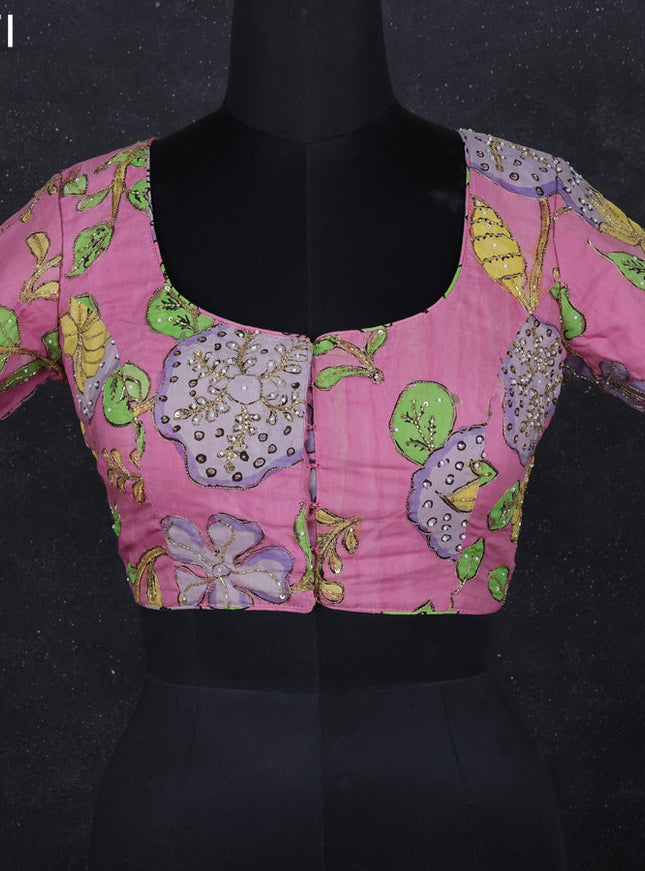 Pen kalamkari readymade blouse lotus pink with allover kalamkari prints & embroidery work