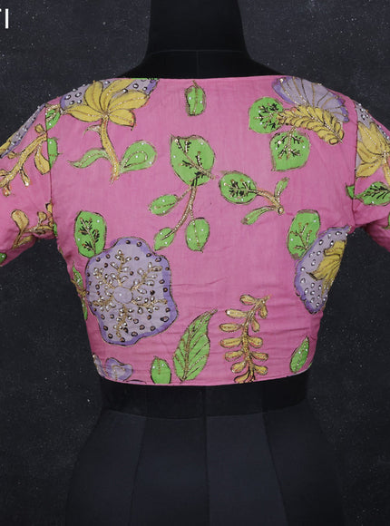 Pen kalamkari readymade blouse lotus pink with allover kalamkari prints & embroidery work