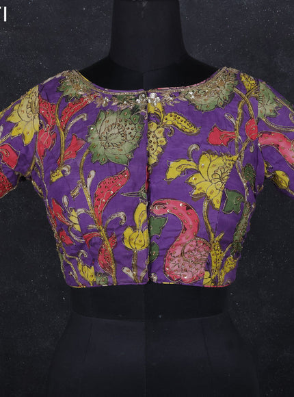Pen kalamkari readymade blouse violet with allover kalamkari prints & embroidery work