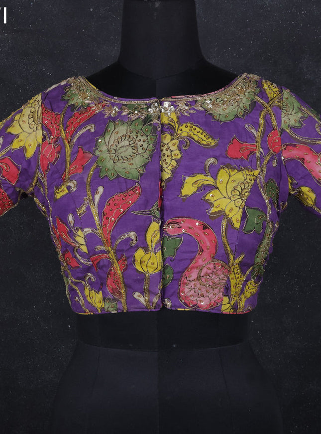 Pen kalamkari readymade blouse violet with allover kalamkari prints & embroidery work