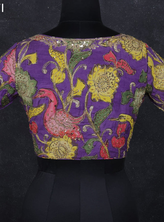Pen kalamkari readymade blouse violet with allover kalamkari prints & embroidery work