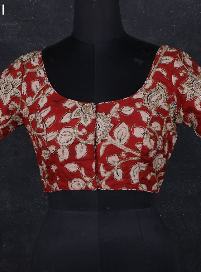 Pen kalamkari readymade blouse maroon with allover kalamkari prints & embroidery work