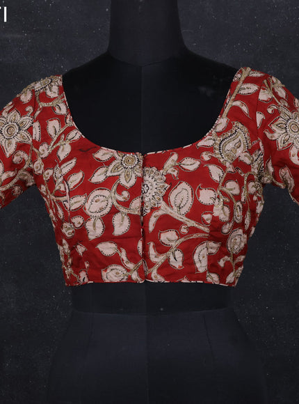 Pen kalamkari readymade blouse maroon with allover kalamkari prints & embroidery work and back knot