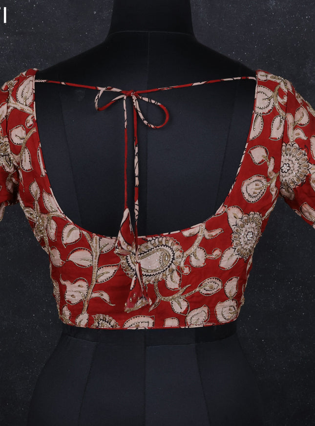 Pen kalamkari readymade blouse maroon with allover kalamkari prints & embroidery work