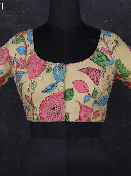 Pen kalamkari readymade blouse beige with allover kalamkari prints & embroidery work
