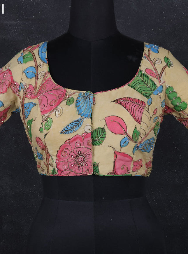 Pen kalamkari readymade blouse beige with allover kalamkari prints & embroidery work