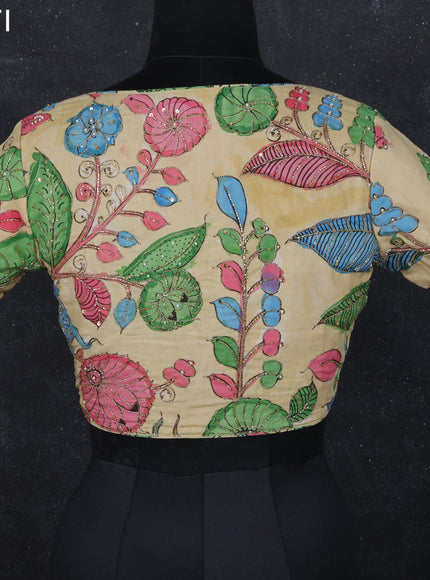 Pen kalamkari readymade blouse beige with allover kalamkari prints & embroidery work