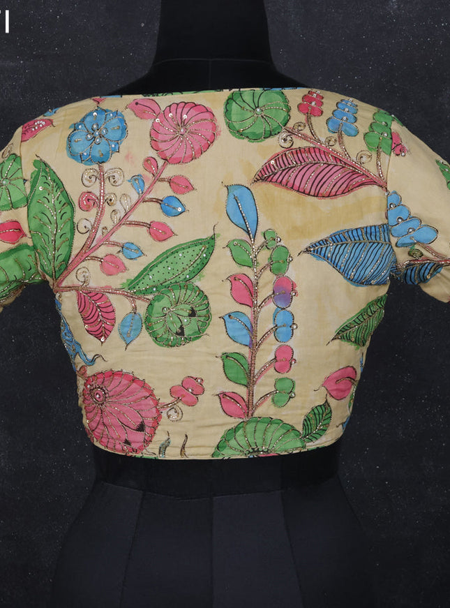Pen kalamkari readymade blouse beige with allover kalamkari prints & embroidery work