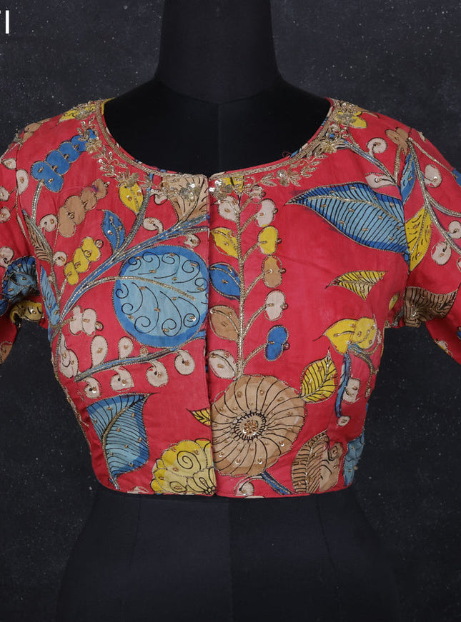Pen kalamkari readymade blouse red with allover kalamkari prints & embroidery work