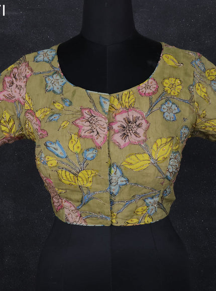Pen kalamkari readymade blouse pastel green with allover kalamkari prints & pita work