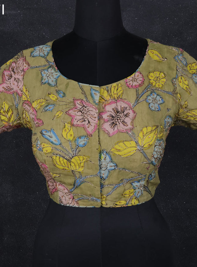 Pen kalamkari readymade blouse pastel green with allover kalamkari prints & pita work