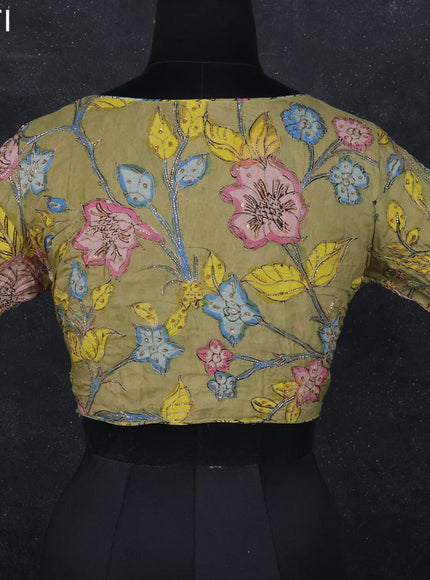 Pen kalamkari readymade blouse pastel green with allover kalamkari prints & pita work