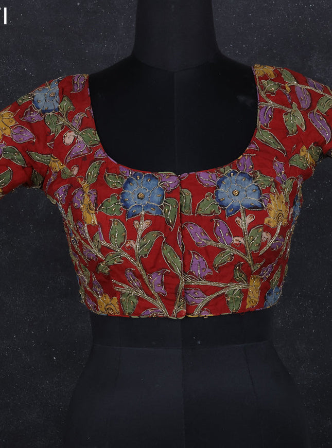 Pen kalamkari readymade blouse maroon with allover kalamkari prints & embroidery work