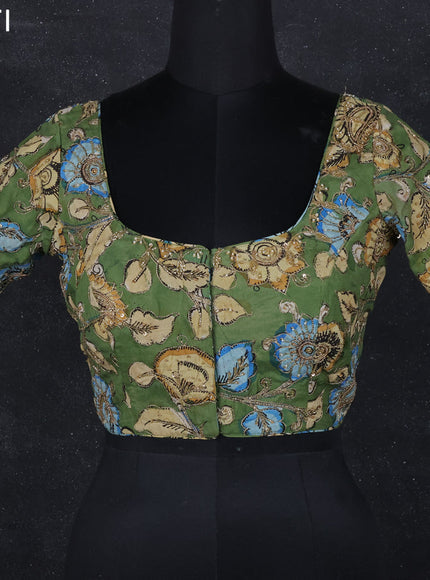 Pen kalamkari readymade blouse sap green with allover kalamkari prints & embroidery work