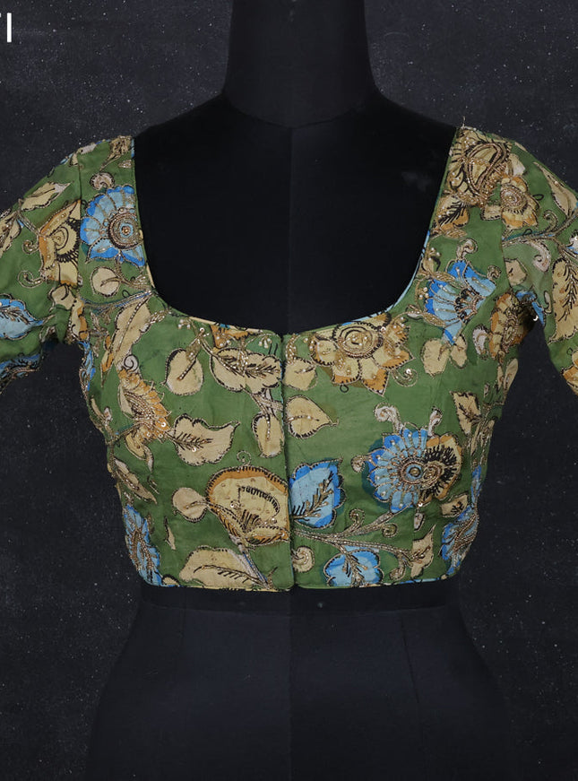 Pen kalamkari readymade blouse sap green with allover kalamkari prints & embroidery work