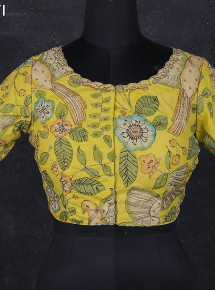 Pen kalamkari readymade blouse lime yellow with allover kalamkari prints & embroidery work