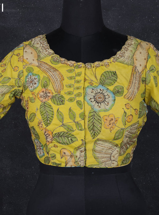 Pen kalamkari readymade blouse lime yellow with allover kalamkari prints & embroidery work