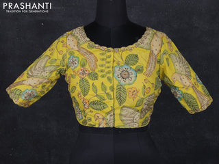 Pen kalamkari readymade blouse lime yellow with allover kalamkari prints & embroidery work