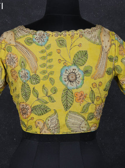 Pen kalamkari readymade blouse lime yellow with allover kalamkari prints & embroidery work