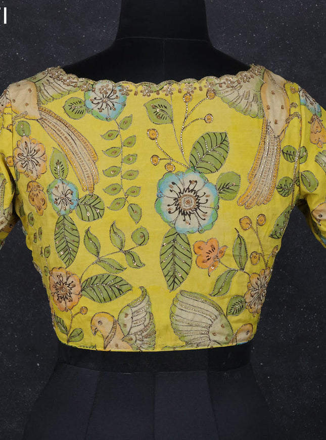 Pen kalamkari readymade blouse lime yellow with allover kalamkari prints & embroidery work