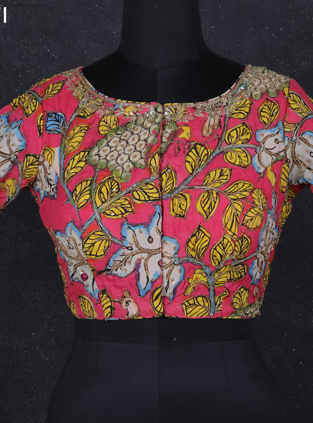 Pen kalamkari readymade blouse pink with allover kalamkari prints & embroidery work