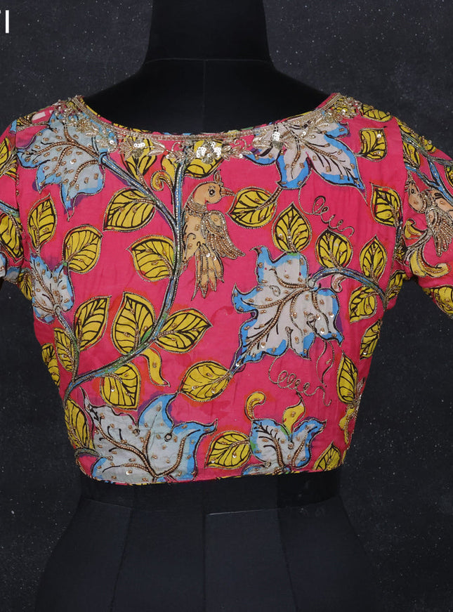 Pen kalamkari readymade blouse pink with allover kalamkari prints & embroidery work