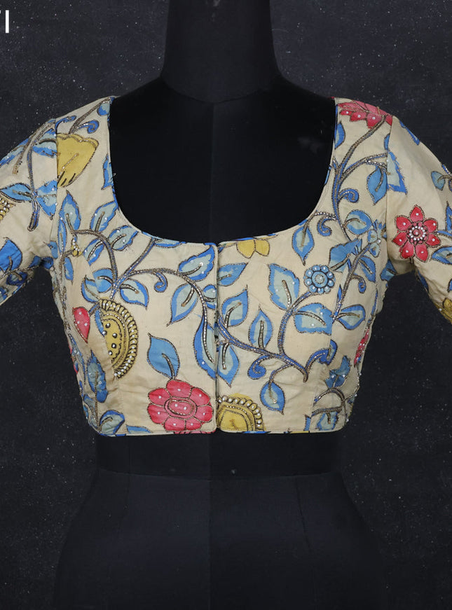 Pen kalamkari readymade blouse cream with allover kalamkari prints & embroidery work