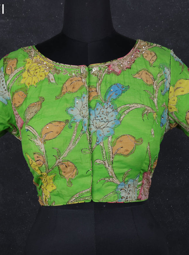 Pen kalamkari readymade blouse parrot green with allover kalamkari prints & embroidery work