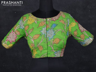 Pen kalamkari readymade blouse parrot green with allover kalamkari prints & embroidery work