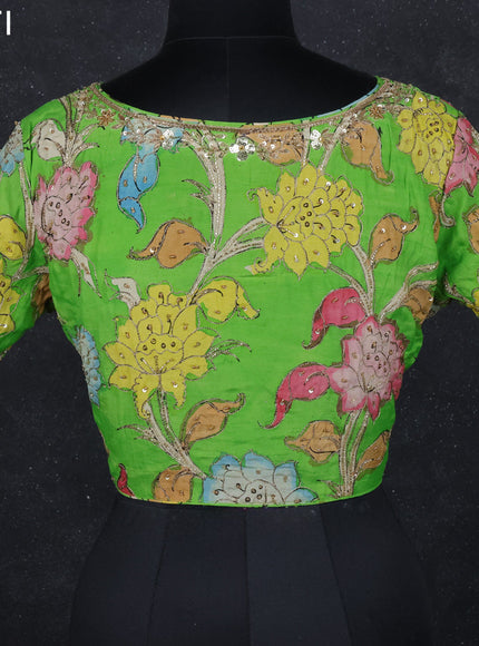 Pen kalamkari readymade blouse parrot green with allover kalamkari prints & embroidery work