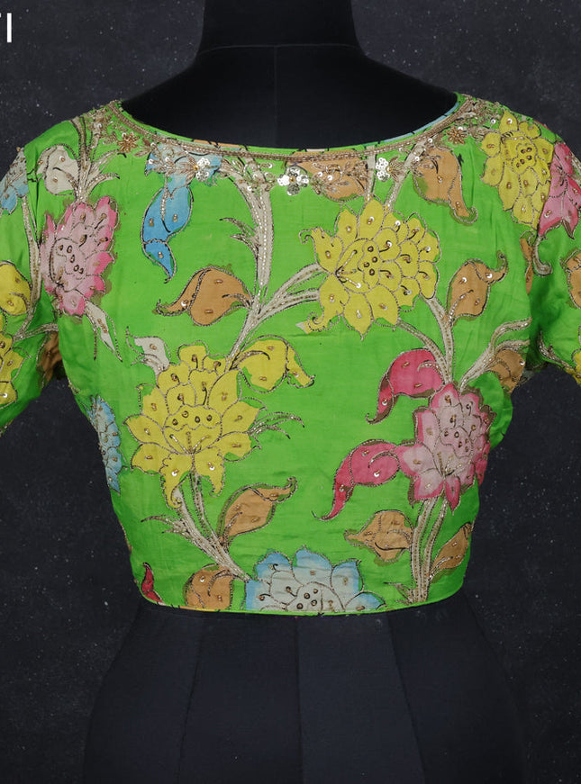 Pen kalamkari readymade blouse parrot green with allover kalamkari prints & embroidery work