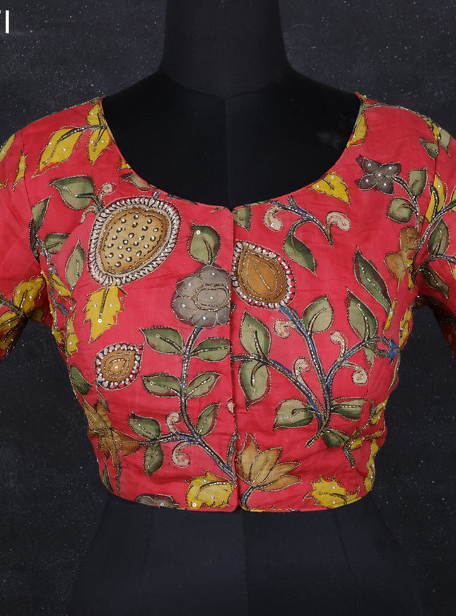 Pen kalamkari readymade blouse red with allover kalamkari prints & embroidery work
