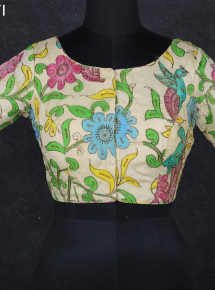 Pen kalamkari readymade blouse cream with allover kalamkari prints & embroidery work
