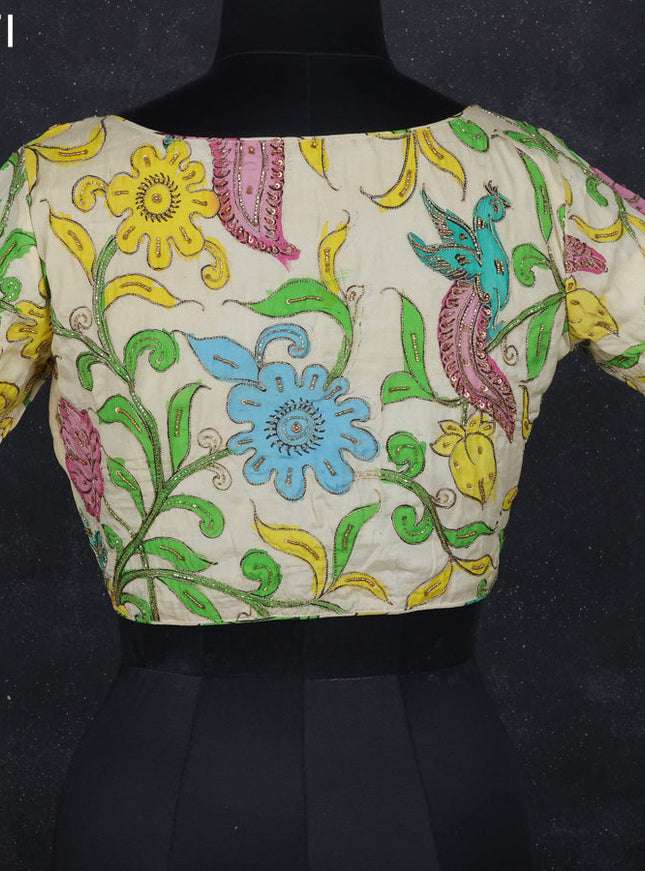 Pen kalamkari readymade blouse cream with allover kalamkari prints & embroidery work