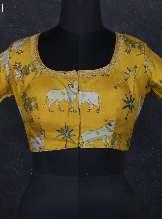 Pichwai readymade blouse mustard yellow with allover prints & pita work