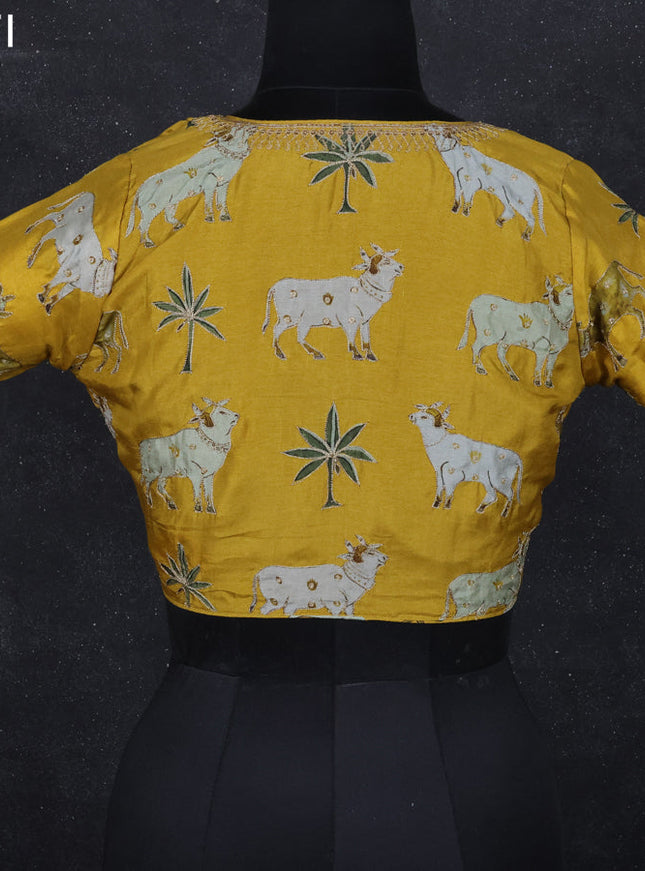 Pichwai readymade blouse mustard yellow with allover prints & pita work