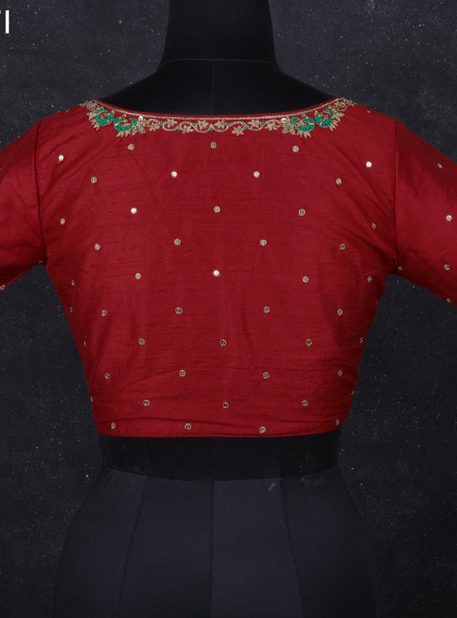 Raw silk readymade blouse red with aari work and back knot