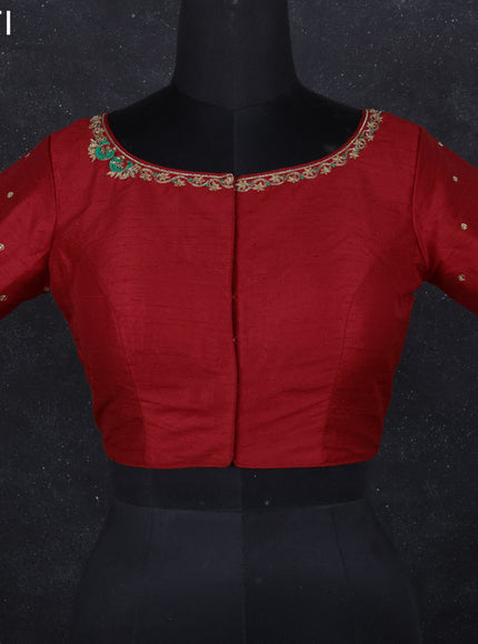 Raw silk readymade blouse red with aari work and back knot